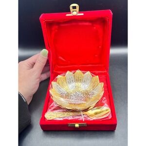 VTG Gold & Silver Plated Lotus Gift Bowl And Spoon Velvet Box‎ W/ Metal Latch